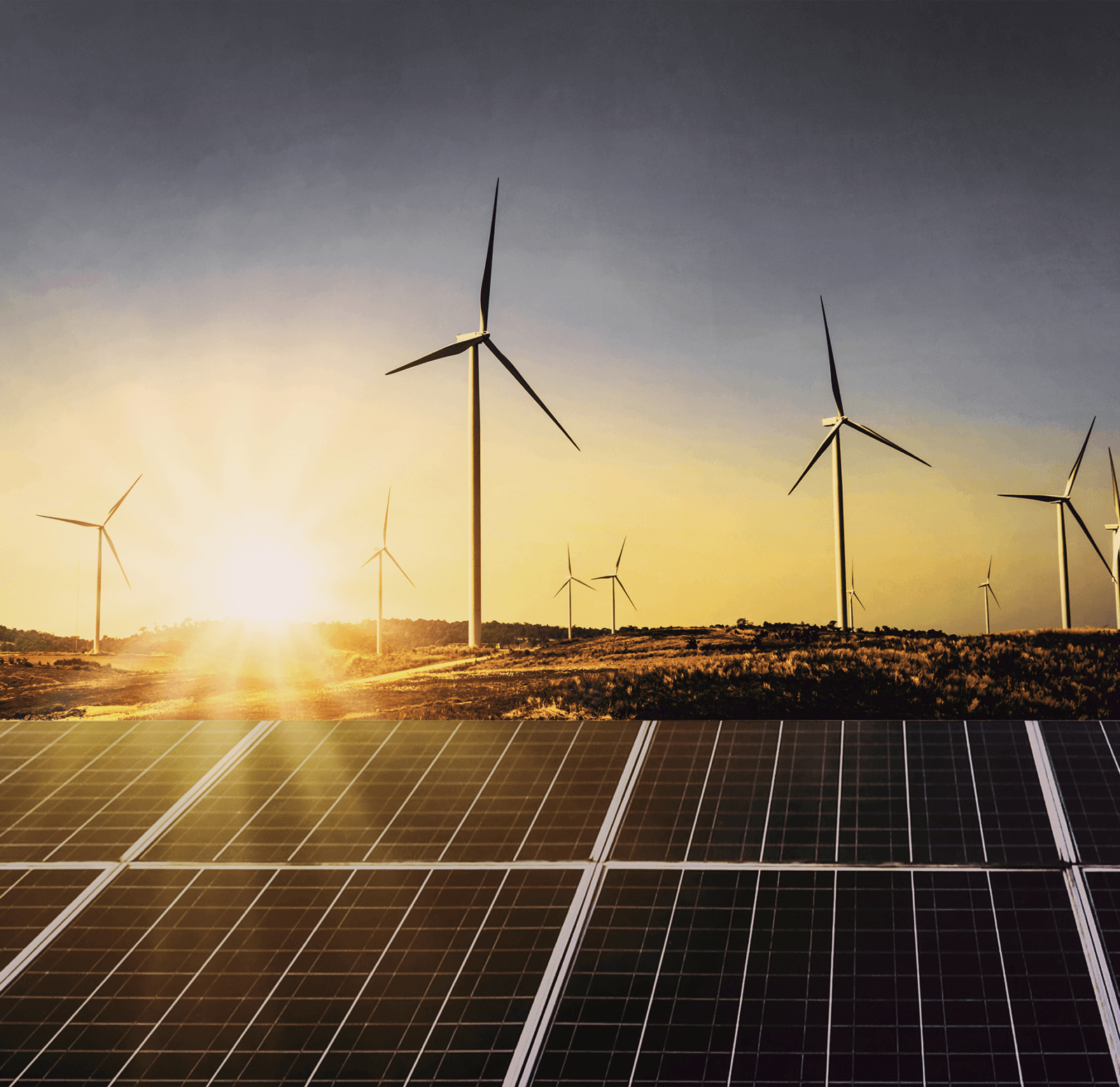 An images of solar panels and a sun set