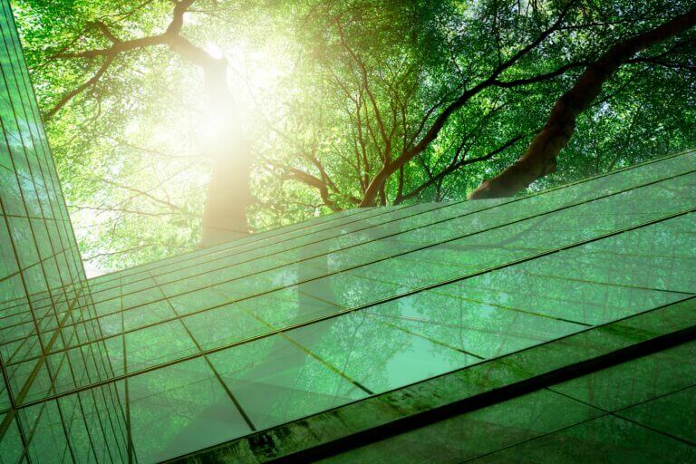A green building and trees.
